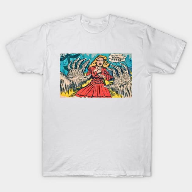 Comic hairy monster hands attacking a woman in red T-Shirt by Comic Dzyns